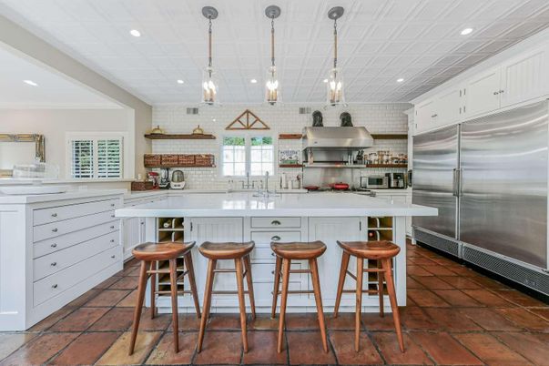 Interior, Kitchen, Pendant Lights, Recessed Lighting, Stainless Steel Appliances, Stone Walls