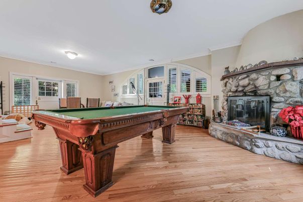 Billiard Table, Fireplace, Game Room, Interior, Wood Texture Flooring