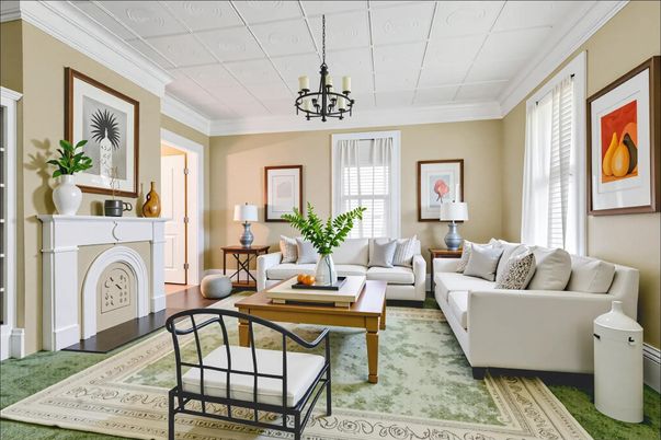 Fireplace, Interior, Living room, Pendant Lights, Wood Texture Flooring