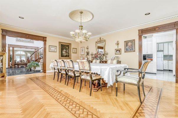 Chandelier, Dining room, Interior, Recessed Lighting, Wood Texture Flooring