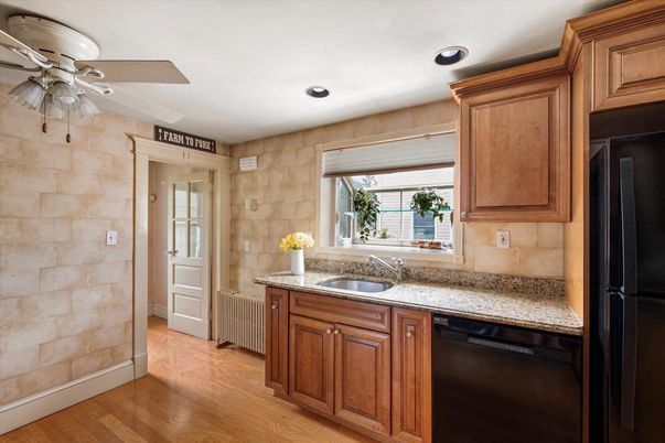 Interior, Kitchen, Recessed Lighting, Stone Walls, Wood Texture Flooring