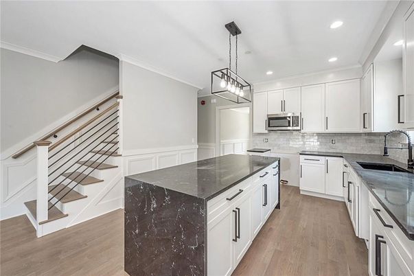 Interior, Kitchen, Pendant Lights, Recessed Lighting, Wood Texture Flooring