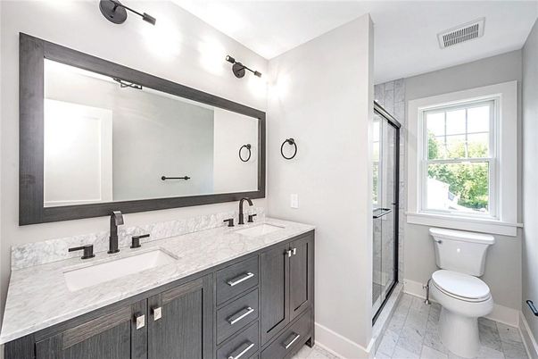 Bathroom, Dual Sink Vanities, Glass Shower, Interior, Marble
