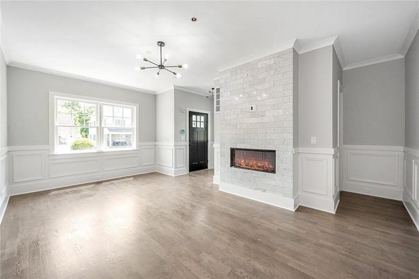 Empty room, Fireplace, Interior, Pendant Lights, Wood Texture Flooring