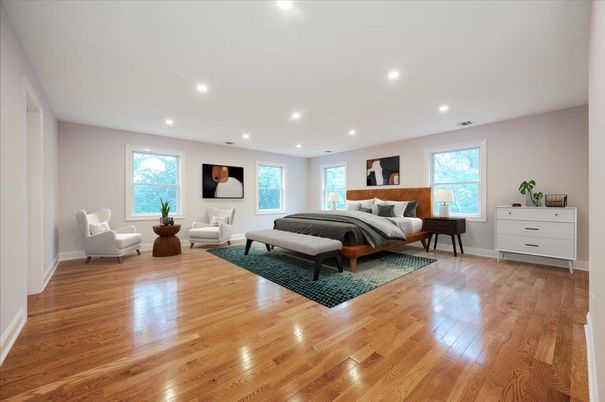 Bedroom, Interior, Recessed Lighting, Wood Texture Flooring