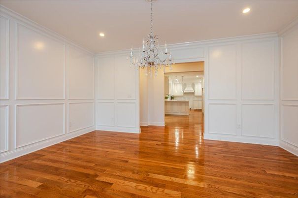 Chandelier, Empty room, Interior, Recessed Lighting, Wood Texture Flooring
