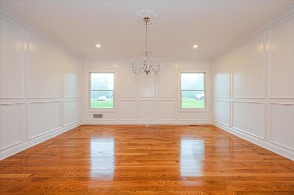 Chandelier, Empty room, Interior, Recessed Lighting, Wood Texture Flooring