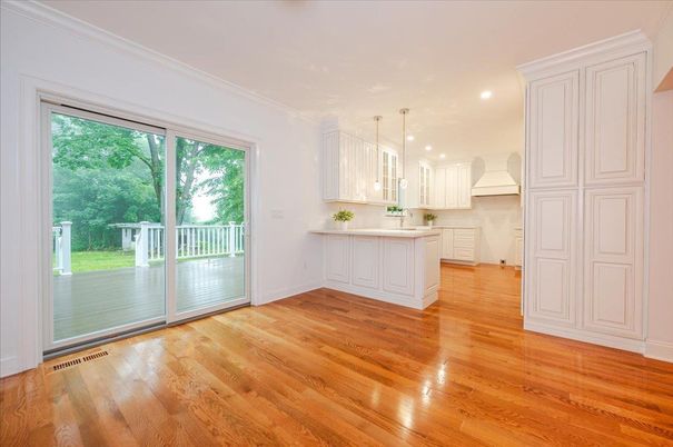 Empty room, Interior, Kitchen, Pendant Lights, Recessed Lighting, Wood Texture Flooring