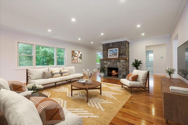 Fireplace, Interior, Living room, Recessed Lighting, Wood Texture Flooring