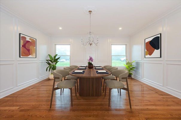 Chandelier, Dining room, Interior, Recessed Lighting, Wood Texture Flooring
