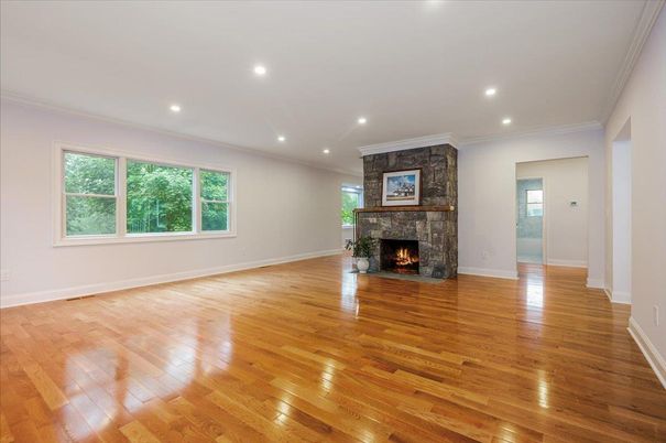 Empty room, Fireplace, Interior, Recessed Lighting, Wood Texture Flooring