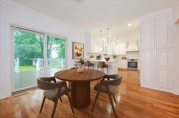 Dining room, Interior, Kitchen, Pendant Lights, Recessed Lighting, Wood Texture Flooring