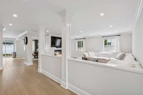 Fireplace, Interior, Living room, Recessed Lighting, Wood Texture Flooring