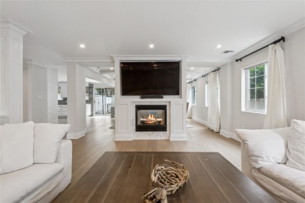 Fireplace, Interior, Recessed Lighting, Wood Texture Flooring