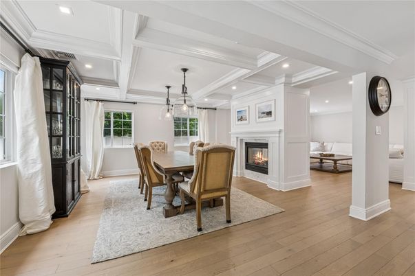 Dining room, Fireplace, Interior, Pendant Lights, Recessed Lighting, Wood Texture Flooring