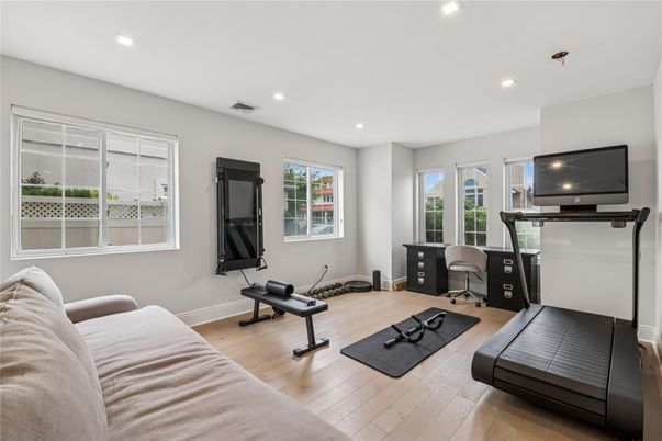 Fitness Equipment, Home Office, Interior, Recessed Lighting, Wood Texture Flooring