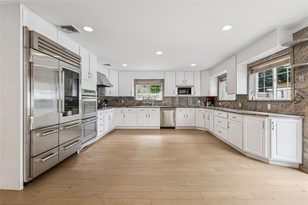 Interior, Kitchen, Recessed Lighting, Stainless Steel Appliances, Wood Texture Flooring