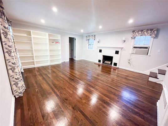 Empty room, Fireplace, Interior, Recessed Lighting, Wood Texture Flooring