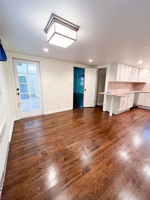 Empty room, Interior, Kitchen, Recessed Lighting, Wood Texture Flooring