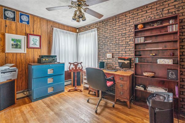 Home Office, Interior, Stone Walls, Wood Texture Flooring, Wooden Walls