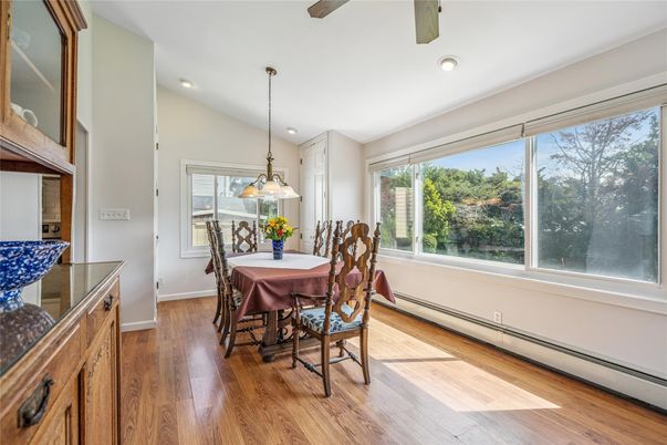 Dining room, Interior, Pendant Lights, Recessed Lighting, Wood Texture Flooring