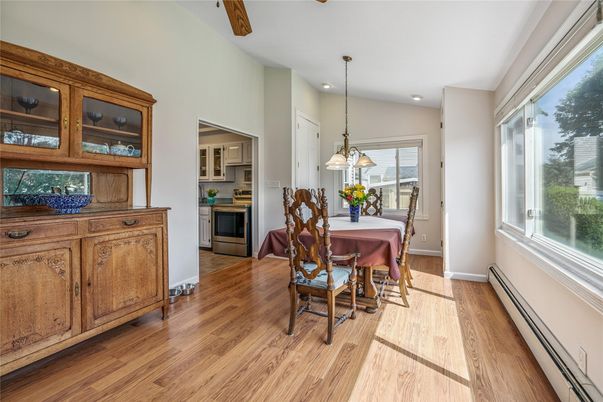 Dining room, Interior, Pendant Lights, Recessed Lighting, Wood Texture Flooring
