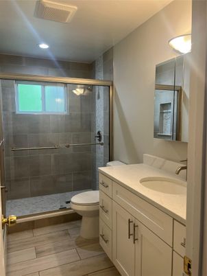 Bathroom, Glass Shower, Interior, Recessed Lighting, Wood Texture Flooring