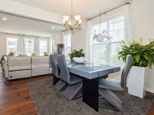 Chandelier, Dining room, Interior, Living room, Pendant Lights, Recessed Lighting, Wood Texture Flooring