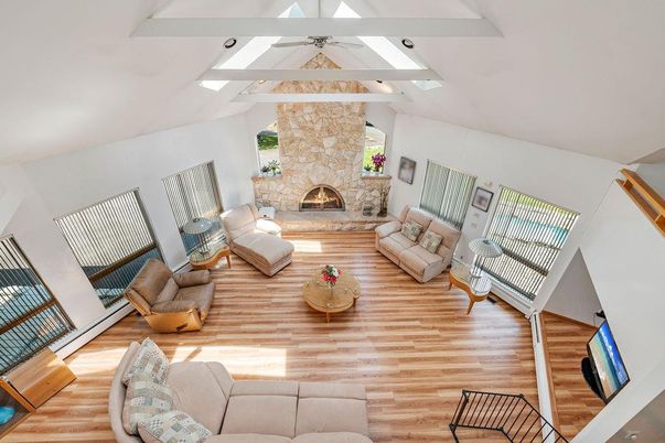 Fireplace, Interior, Living room, Stone Walls, Wood Texture Flooring