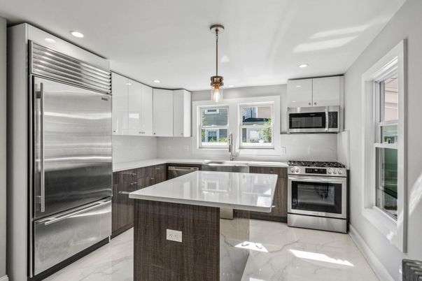 Interior, Kitchen, Marble, Pendant Lights, Recessed Lighting, Stainless Steel Appliances