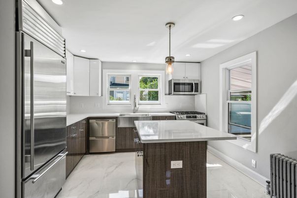 Interior, Kitchen, Marble, Pendant Lights, Recessed Lighting, Stainless Steel Appliances