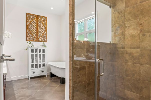 Bathroom, Free Standing Baths, Glass Shower, Interior, Recessed Lighting