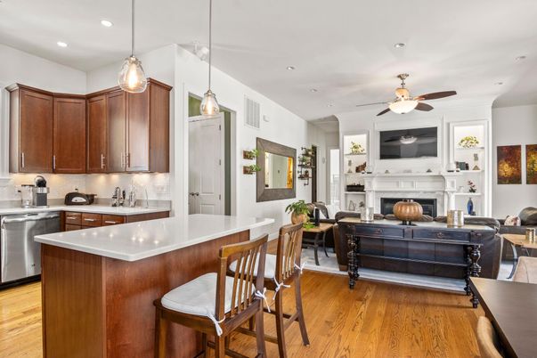 Fireplace, Interior, Kitchen, Pendant Lights, Recessed Lighting, Wood Texture Flooring