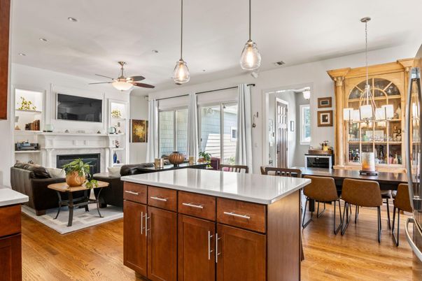 Dining room, Fireplace, Interior, Living room, Pendant Lights, Recessed Lighting, Wood Texture Flooring