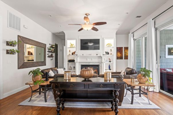 Fireplace, Interior, Living room, Recessed Lighting, Wood Texture Flooring