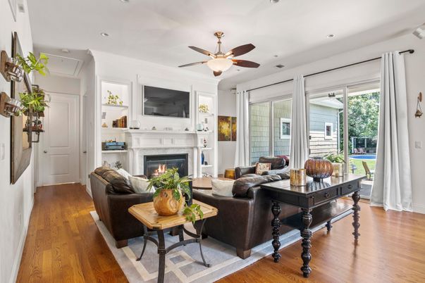 Fireplace, Interior, Living room, Recessed Lighting, Wood Texture Flooring