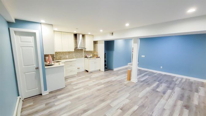 Empty room, Interior, Kitchen, Recessed Lighting, Wood Texture Flooring