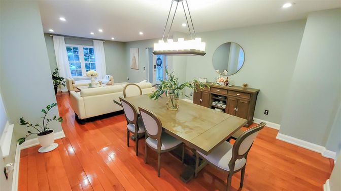 Chandelier, Dining room, Interior, Living room, Pendant Lights, Recessed Lighting, Wood Texture Flooring