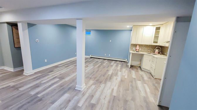 Empty room, Interior, Kitchen, Recessed Lighting, Wood Texture Flooring