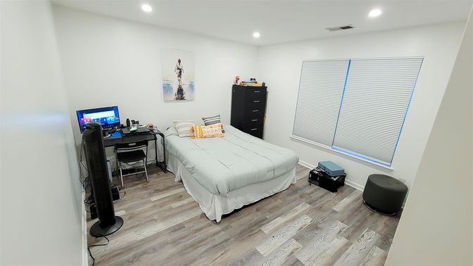 Bedroom, Home Office, Interior, Recessed Lighting, Wood Texture Flooring
