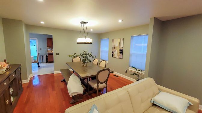 Dining room, Interior, Kitchen, Living room, Pendant Lights, Recessed Lighting, Wood Texture Flooring