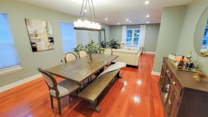 Dining room, Interior, Living room, Pendant Lights, Recessed Lighting, Wood Texture Flooring