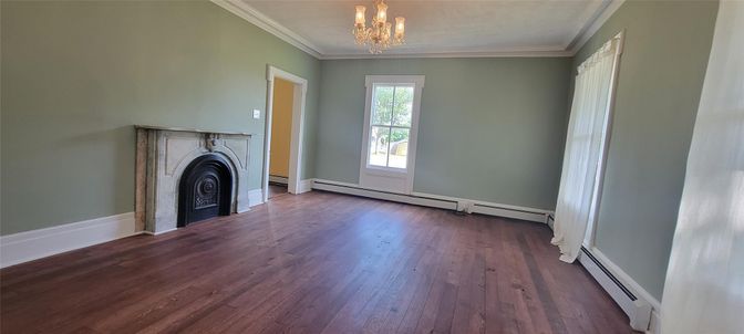 Chandelier, Empty room, Fireplace, Interior, Wood Texture Flooring