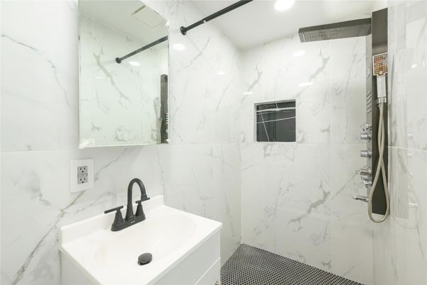 Bathroom, Glass Shower, Interior, Marble Walls, Recessed Lighting