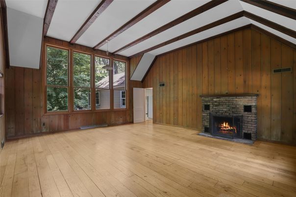Empty room, Fireplace, Interior, Wooden Beams, Wood Texture Flooring, Wooden Walls