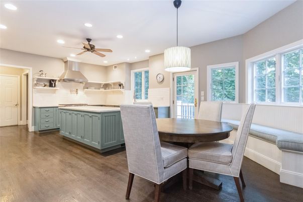 Dining room, Interior, Kitchen, Pendant Lights, Recessed Lighting, Wood Texture Flooring