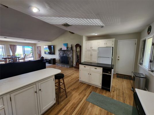 Fireplace, Interior, Kitchen, Living room, Recessed Lighting, Wood Texture Flooring