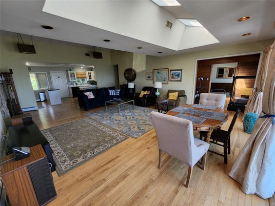 Dining room, Interior, Living room, Recessed Lighting, Wood Texture Flooring