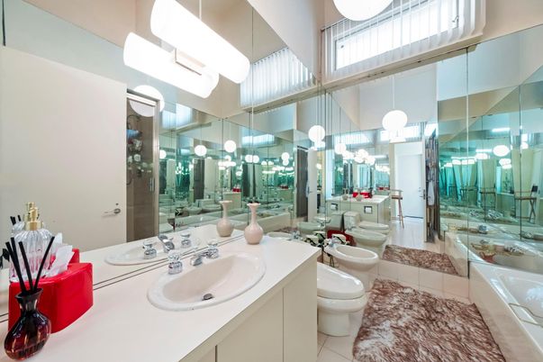 Bathroom, Dual Sink Vanities, Glass Shower, Interior, Pendant Lights
