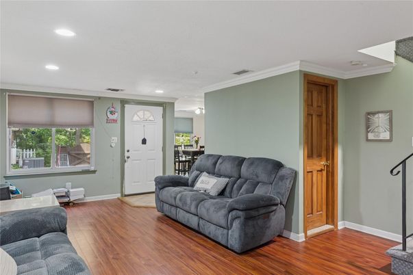 Dining room, Interior, Living room, Recessed Lighting, Wood Texture Flooring